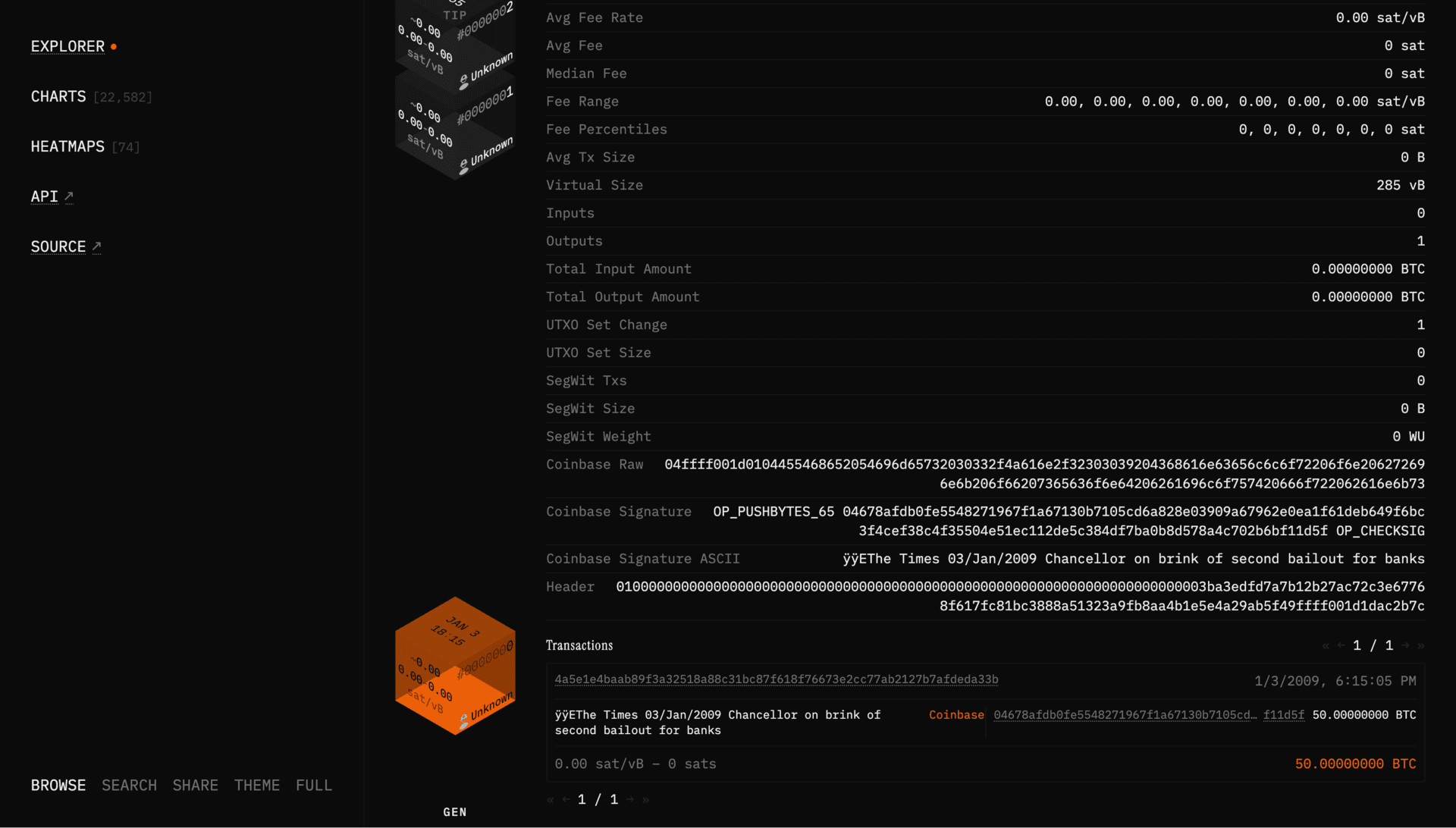 The Bitview explorer showing Bitcoin's genesis block